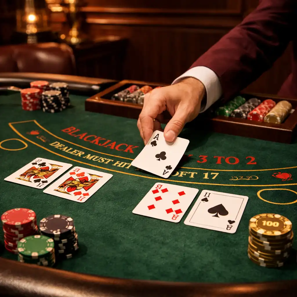 Eleganter Blackjack-Tisch mit Karten und Chips in der Casino Lounge des Dinner Qavo