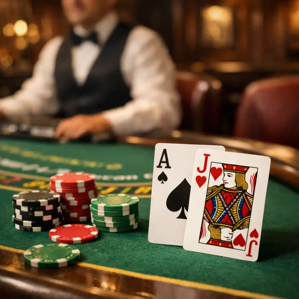 Detailaufnahme der Karten und Chips auf einem Blackjack-Tisch im Dinner Qavo
