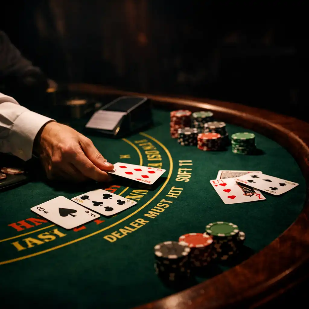Blackjack-Tisch mit Karten und Chips in der Casino Lounge von Dinner Qavo