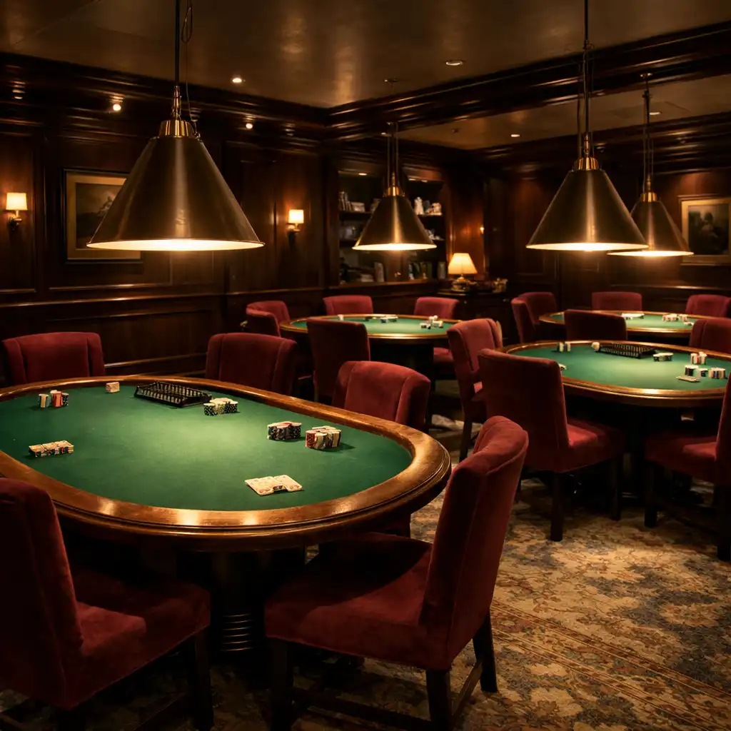 Leerer eleganter Card Room mit mehreren Pokertischen und Pendelleuchten