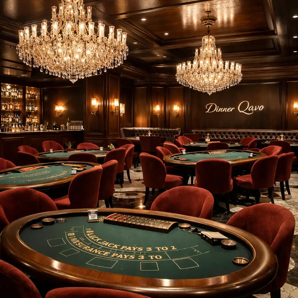 Weitwinkelaufnahme der eleganten Casino Lounge im Dinner Qavo mit Blackjack-Tischen