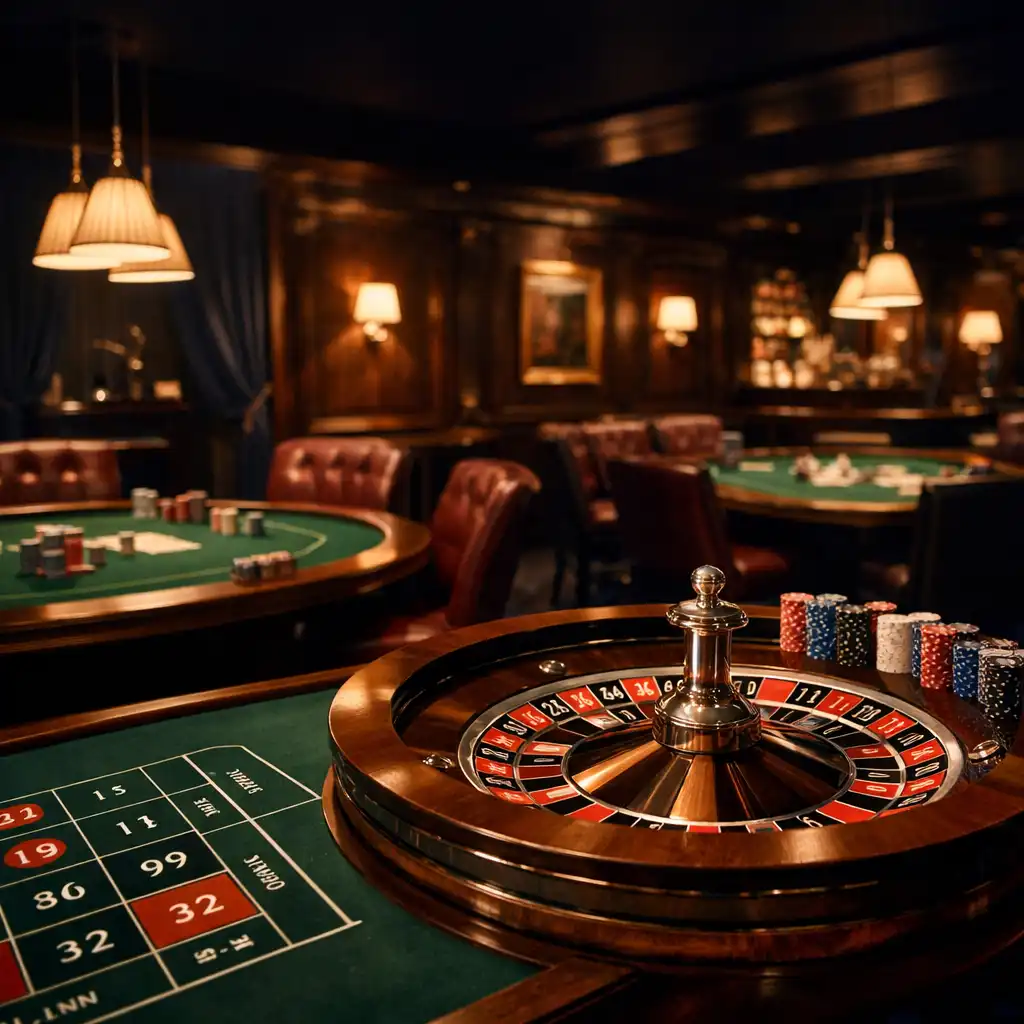 Casino von Dinner Qavo mit elegantem Roulettetisch, Chips und gedämpftem Licht