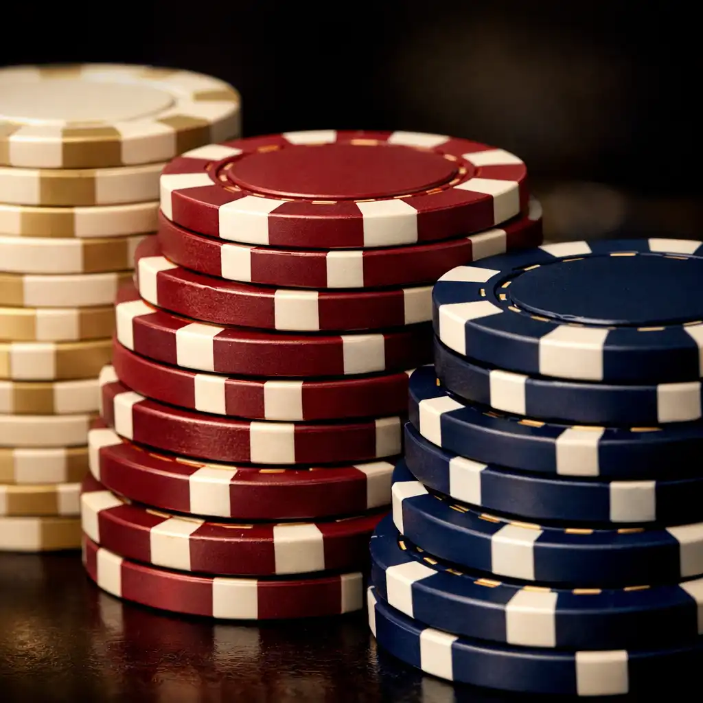 Nahaufnahme von Casino-Chips in Creme, Burgund und Mitternachtsblau