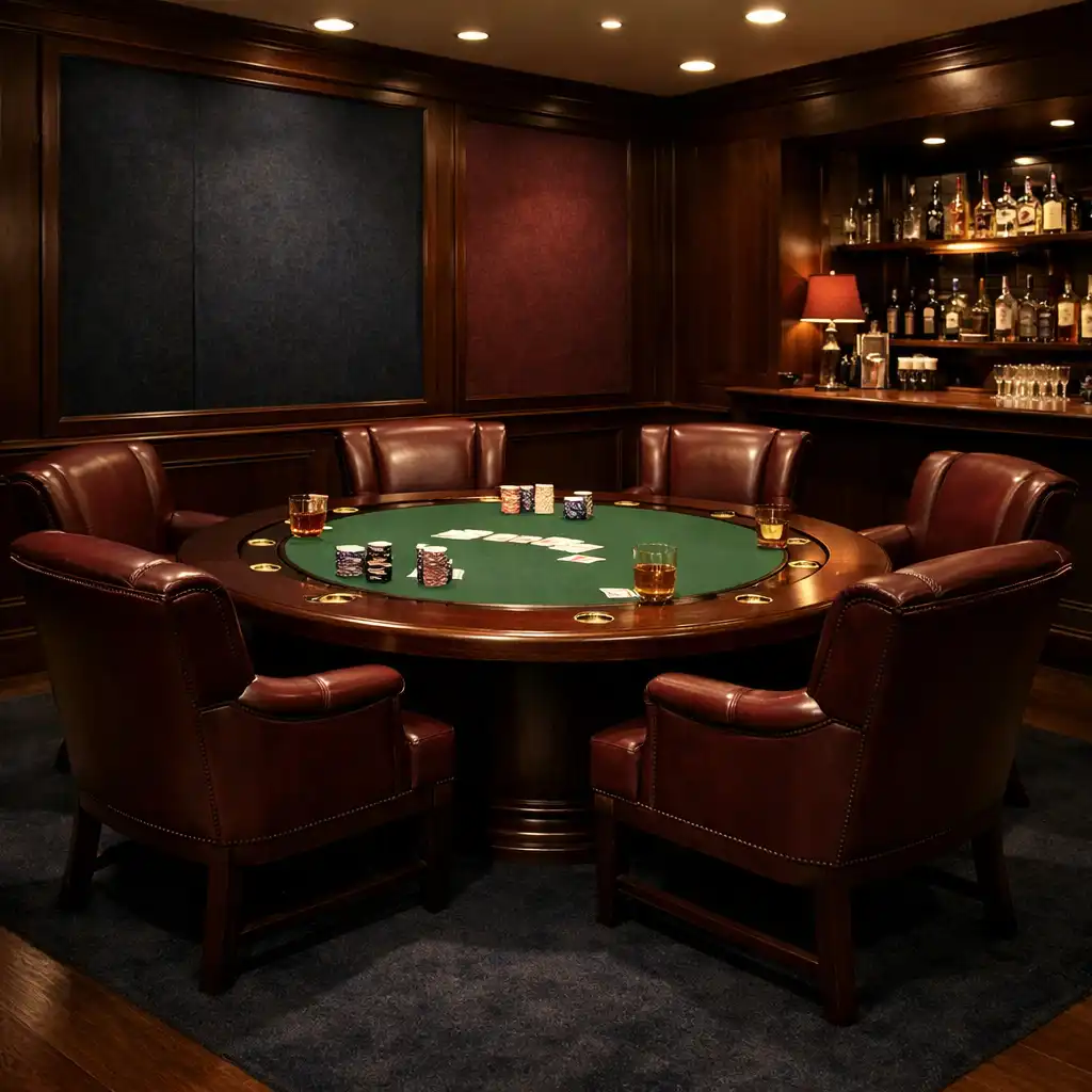 Privater Card Room mit großem runden Pokertisch, sechs Ledersesseln und einer kleinen Bar in der Ecke