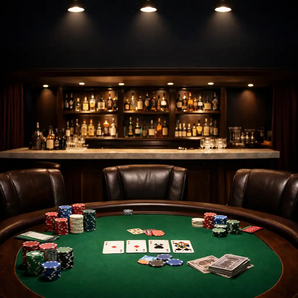 Pokertisch mit grünem Filz, Chips und Spielkarten in der Casino-Lounge, umgeben von Ledersesseln