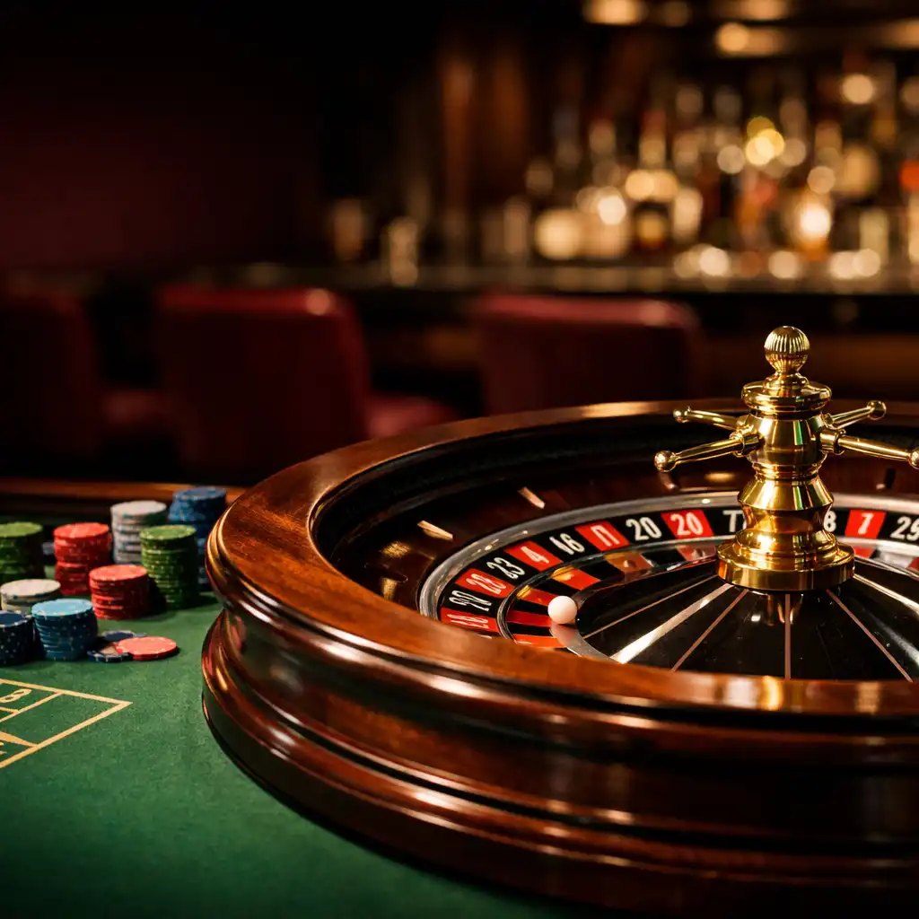 Nahaufnahme eines Roulette-Tisches mit Rad und Chips in der Casino-Lounge