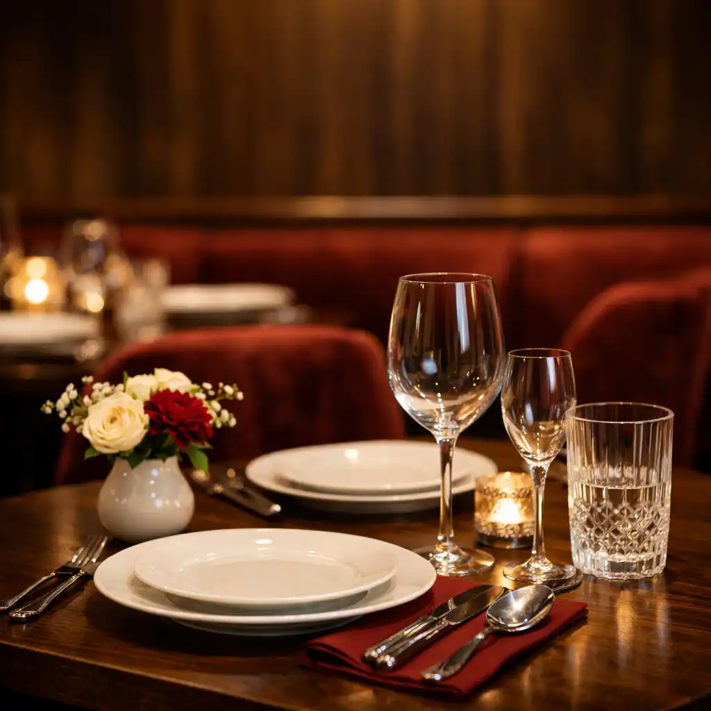 Gedeckter Tisch mit Porzellan, Kristallgläsern und einer kleinen Blumenvase vor dunkler Holzvertäfelung