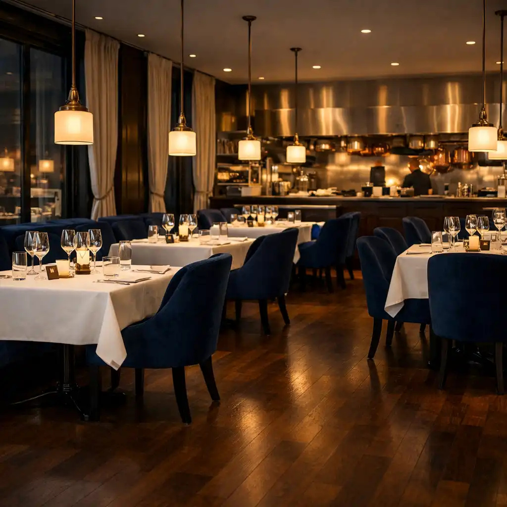 Restaurantbereich mit gedeckten Tischen, Samtstühlen und Blick auf die offene Küche