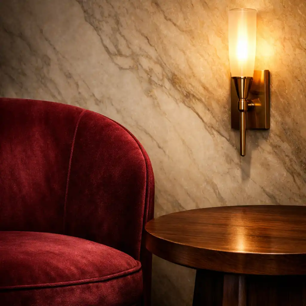 Detailaufnahme des Interieurs von Dinner Qavo mit samtigem burgunderrotem Sessel, Walnuss-Beistelltisch und warmer Wandleuchte