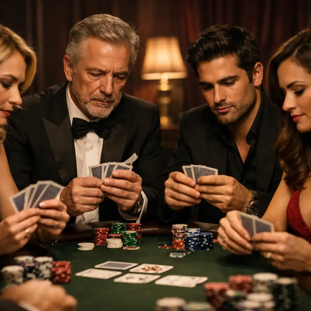 Gäste spielen konzentriert Poker an einem eleganten Tisch