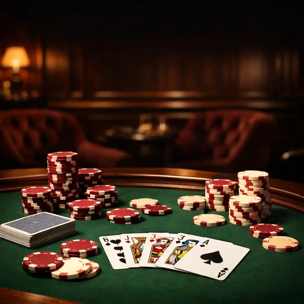 Eleganter Pokertisch mit Chips und Karten im Card Room des Dinner Qavo