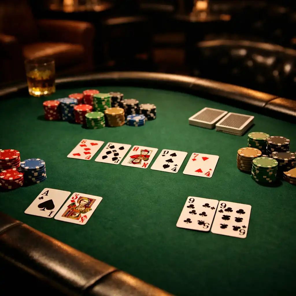 Pokertisch mit Karten und Chips in der Poker Lounge von Dinner Qavo
