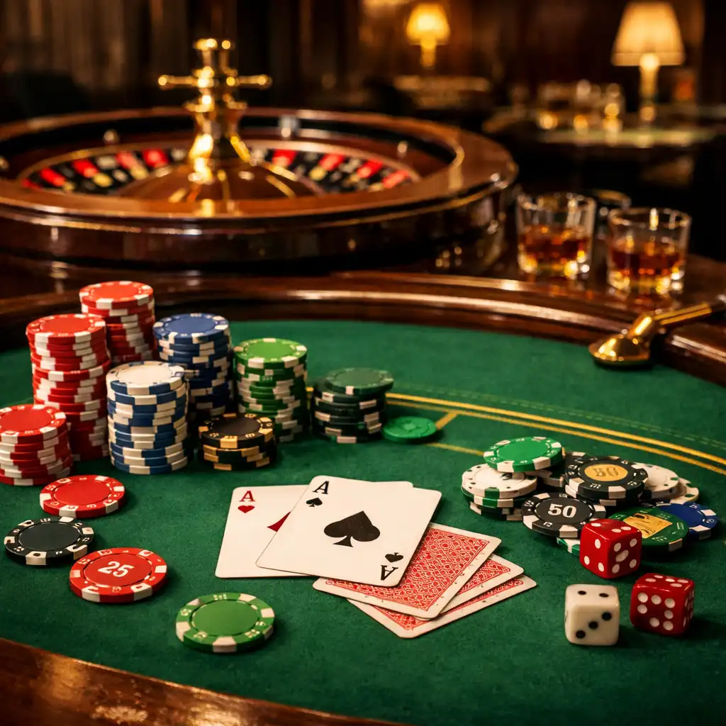 Spieltisch mit Pokerchips, Karten und Roulette-Rad in der Casino-Lounge