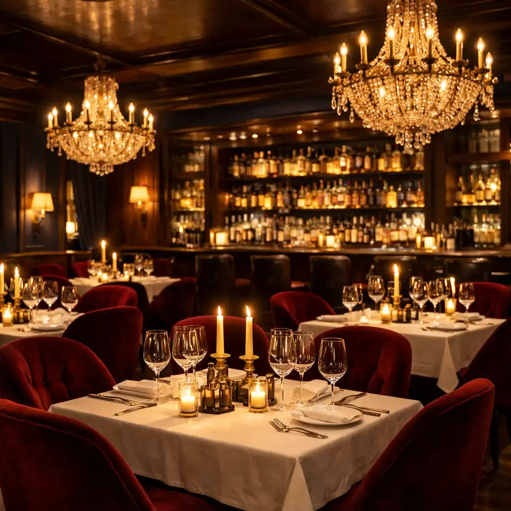Eleganter Speisesaal des Dinner Qavo bei Abendstimmung