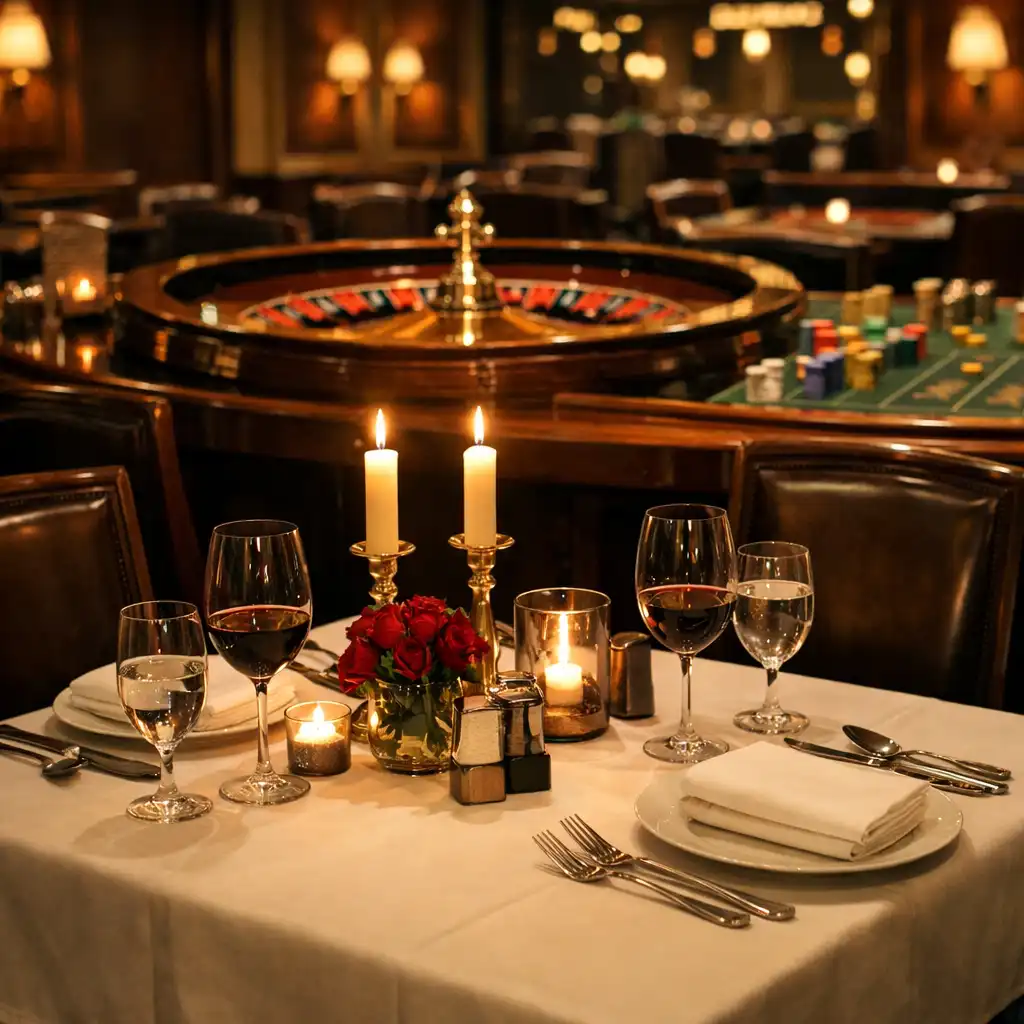 Gedeckter Tisch im Restaurantbereich mit Blick auf einen Roulettetisch im Hintergrund, Kerzenlicht und Weingläser