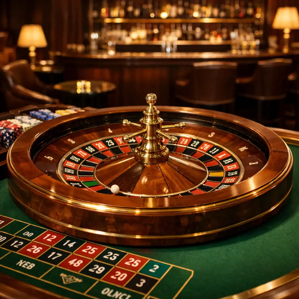Eleganter Roulettetisch in der Casino Lounge des Dinner Qavo mit dunklem Holz, grünem Filz und Messingdetails