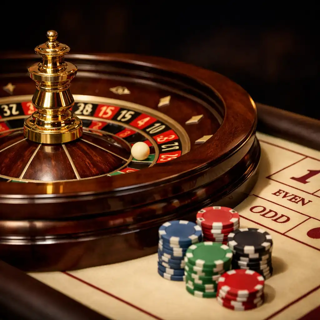 Roulette-Tisch mit Rad und Chips in der Casino Lounge von Dinner Qavo