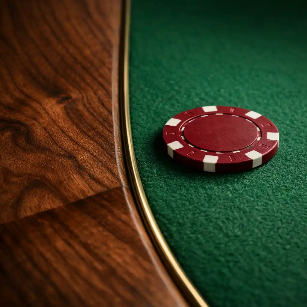 Detailaufnahme eines Spieltisches aus dunklem Walnussholz mit Filz