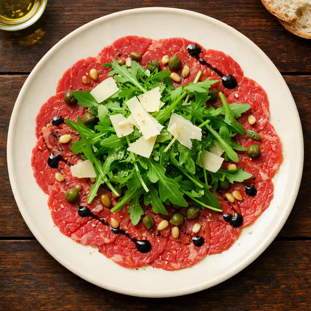 Carpaccio vom Rind mit Rucola und Parmesanspänen