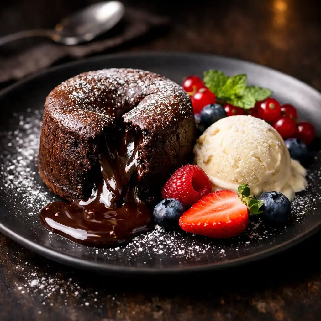 Schokoladenfondant mit flüssigem Kern, Vanilleeis und Beeren